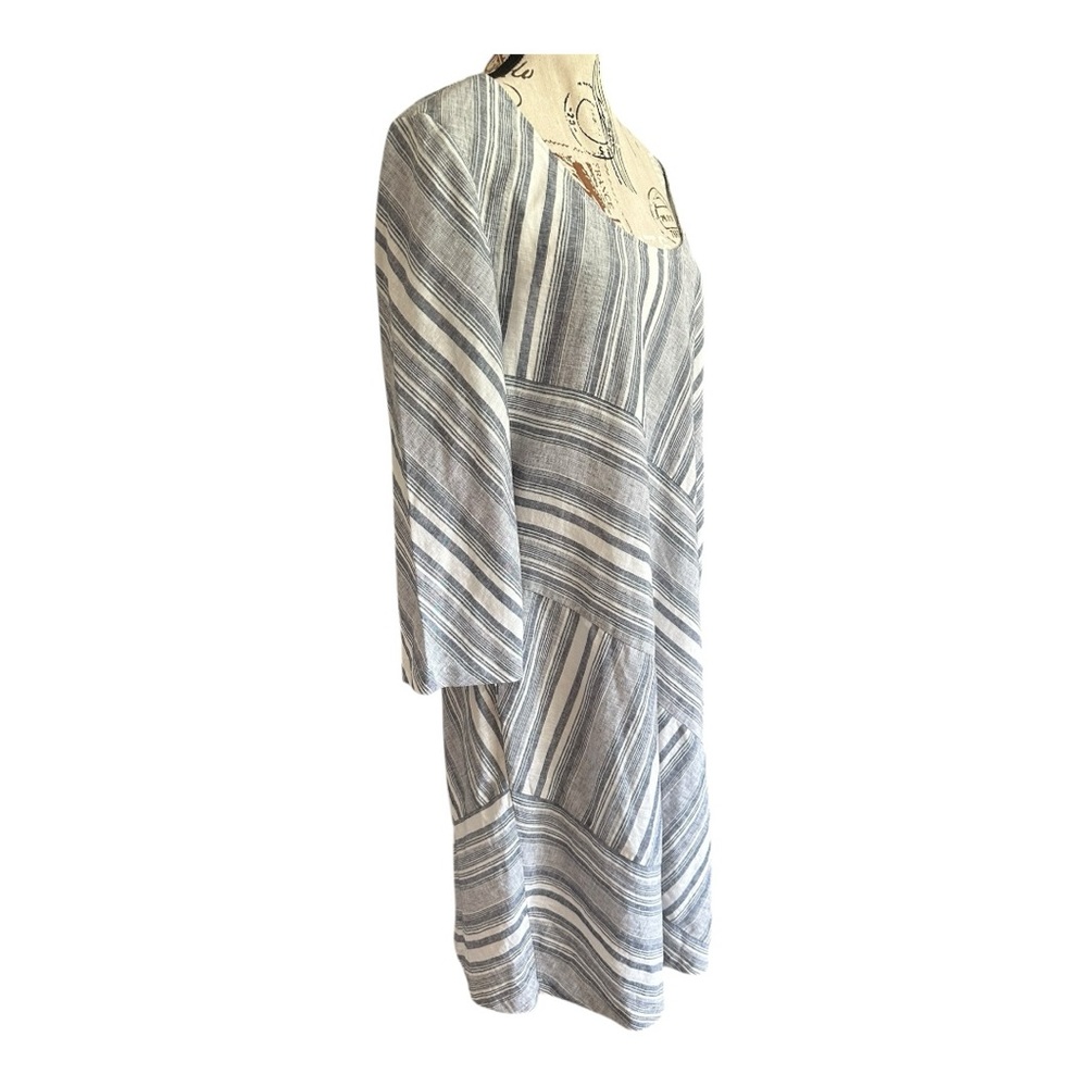 Soft Surroundings Sonya Linen Midi Dress Sz L Pockets Blue White Coastal Pockets - Picture 2 of 15